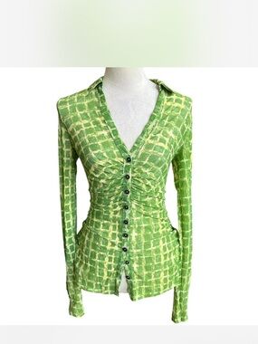 Free People Green Grid Ruched Button-Up Blouse